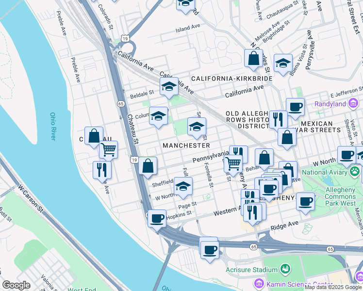 map of restaurants, bars, coffee shops, grocery stores, and more near 1301 Liverpool Street in Pittsburgh
