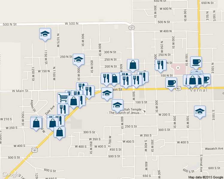 map of restaurants, bars, coffee shops, grocery stores, and more near 679 West Main Street in Vernal