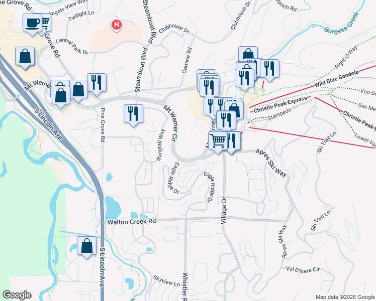 map of restaurants, bars, coffee shops, grocery stores, and more near 2276-2292 Mount Werner Circle in Steamboat Springs