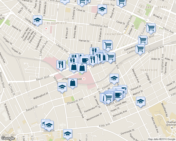 map of restaurants, bars, coffee shops, grocery stores, and more near 529 South Aiken Avenue in Pittsburgh