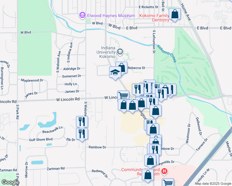 map of restaurants, bars, coffee shops, grocery stores, and more near 300 West Lincoln Road in Kokomo