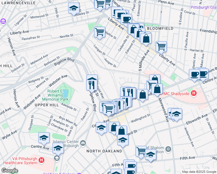 map of restaurants, bars, coffee shops, grocery stores, and more near 450 Melwood Avenue in Pittsburgh