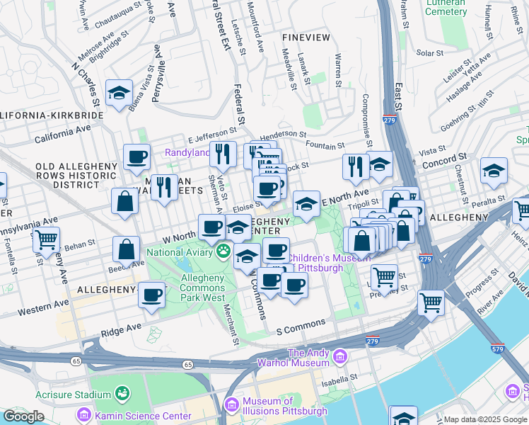 map of restaurants, bars, coffee shops, grocery stores, and more near in Pittsburgh