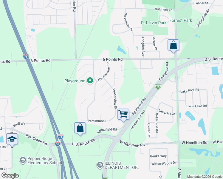 map of restaurants, bars, coffee shops, grocery stores, and more near 38 Edgewood Court in Bloomington