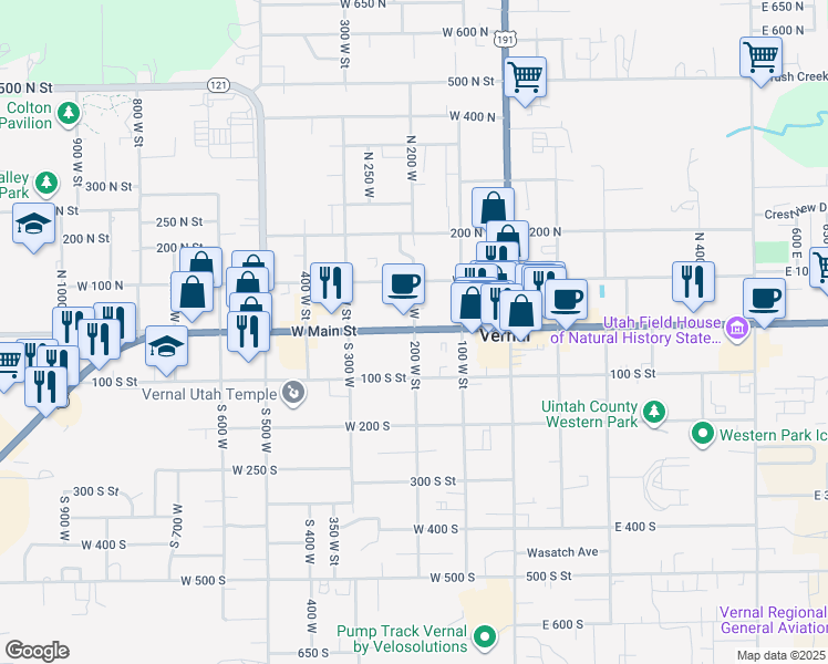 map of restaurants, bars, coffee shops, grocery stores, and more near 1 South 200 West in Vernal