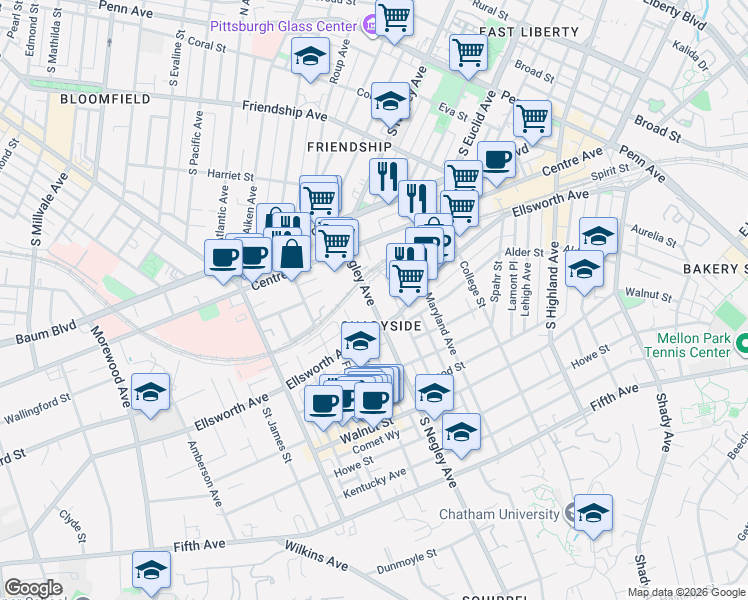 map of restaurants, bars, coffee shops, grocery stores, and more near 521 Ivy Street in Pittsburgh