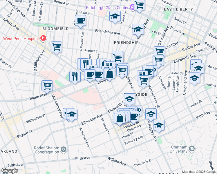 map of restaurants, bars, coffee shops, grocery stores, and more near 411 Noble Street in Pittsburgh