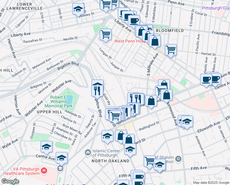 map of restaurants, bars, coffee shops, grocery stores, and more near 4653 Baum Blvd in Pittsburgh