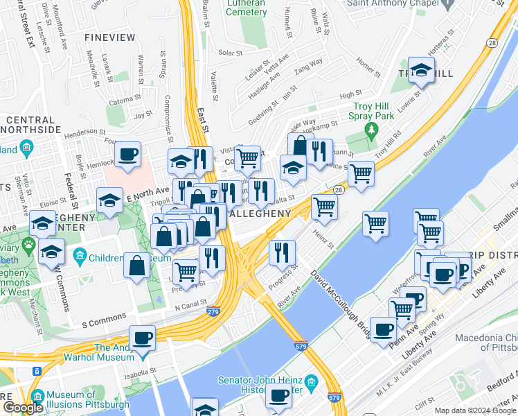 map of restaurants, bars, coffee shops, grocery stores, and more near 853 Phineas Street in Pittsburgh