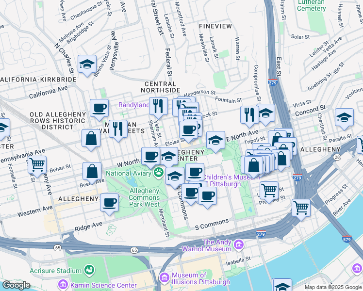 map of restaurants, bars, coffee shops, grocery stores, and more near in Pittsburgh