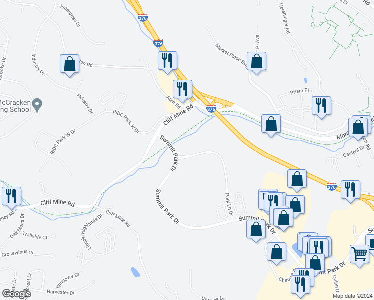 map of restaurants, bars, coffee shops, grocery stores, and more near 1000 Park Ln Dr in Pittsburgh