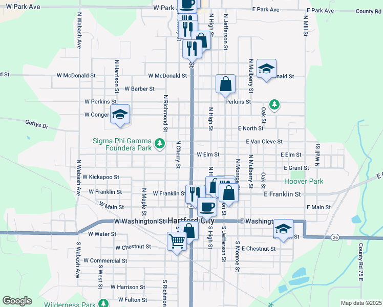 map of restaurants, bars, coffee shops, grocery stores, and more near 222 West Grant Street in Hartford City