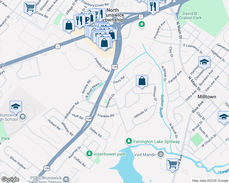 map of restaurants, bars, coffee shops, grocery stores, and more near 335 Farrington Boulevard in North Brunswick Township