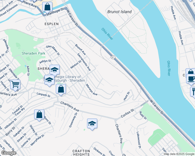 map of restaurants, bars, coffee shops, grocery stores, and more near 2720 Sacramento Avenue in Pittsburgh