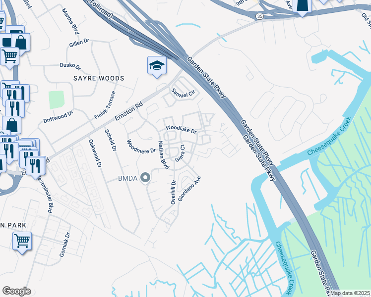 map of restaurants, bars, coffee shops, grocery stores, and more near 87 Giera Court in Sayreville