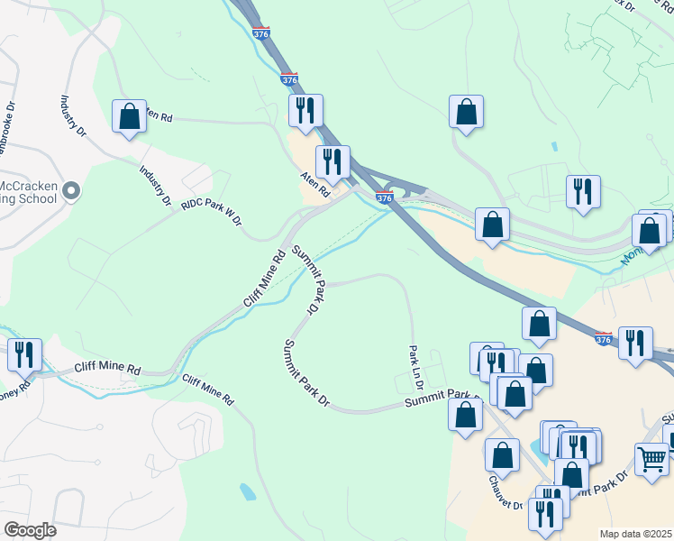 map of restaurants, bars, coffee shops, grocery stores, and more near 1000 Park Lane Drive in Pittsburgh