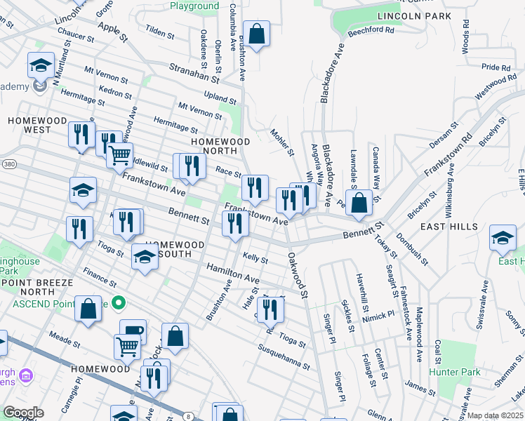 map of restaurants, bars, coffee shops, grocery stores, and more near 7730 Frankstown Avenue in Pittsburgh