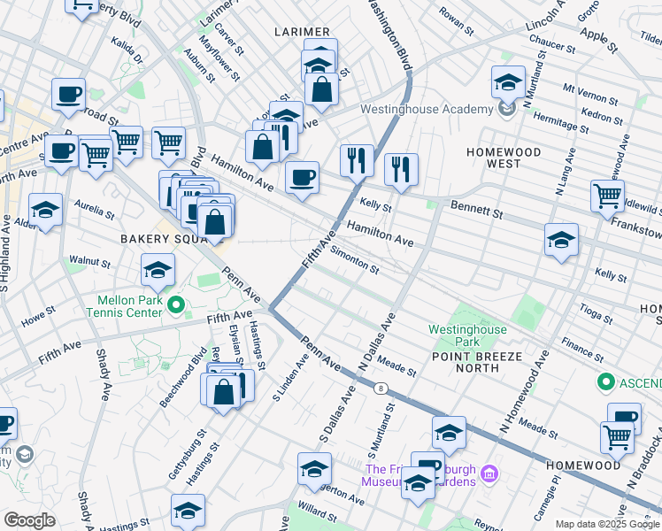 map of restaurants, bars, coffee shops, grocery stores, and more near 6723 McPherson Boulevard in Pittsburgh