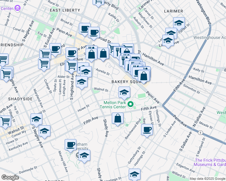 map of restaurants, bars, coffee shops, grocery stores, and more near 315 Denniston Street in Pittsburgh