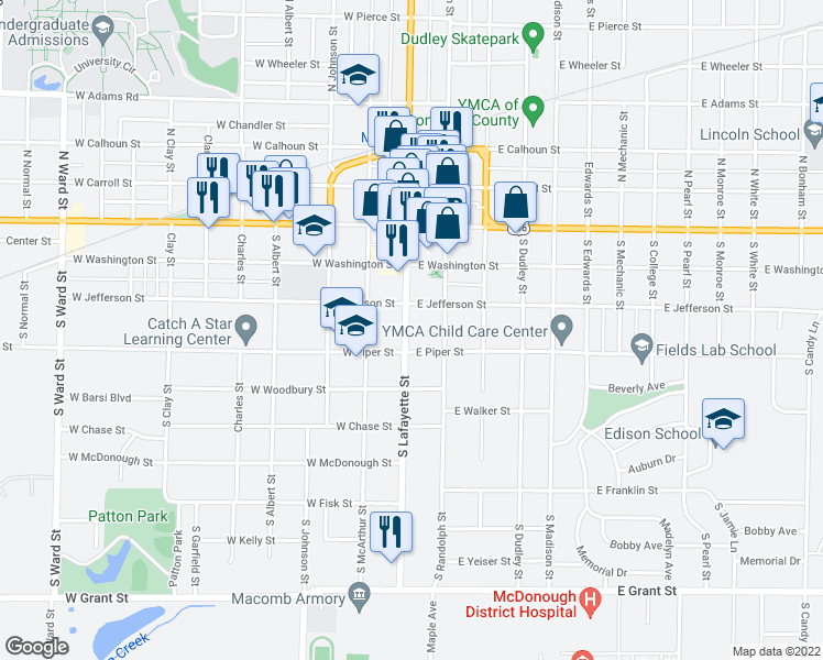 map of restaurants, bars, coffee shops, grocery stores, and more near 325 South Lafayette Street in Macomb