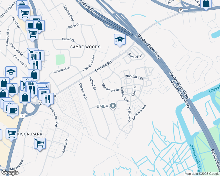 map of restaurants, bars, coffee shops, grocery stores, and more near 1 Tall Oaks Court in Sayreville