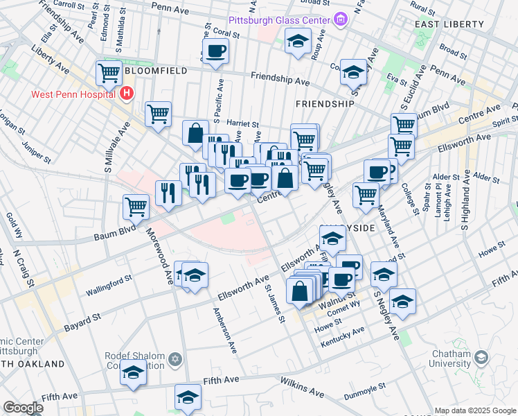 map of restaurants, bars, coffee shops, grocery stores, and more near 515 South Aiken Avenue in Pittsburgh