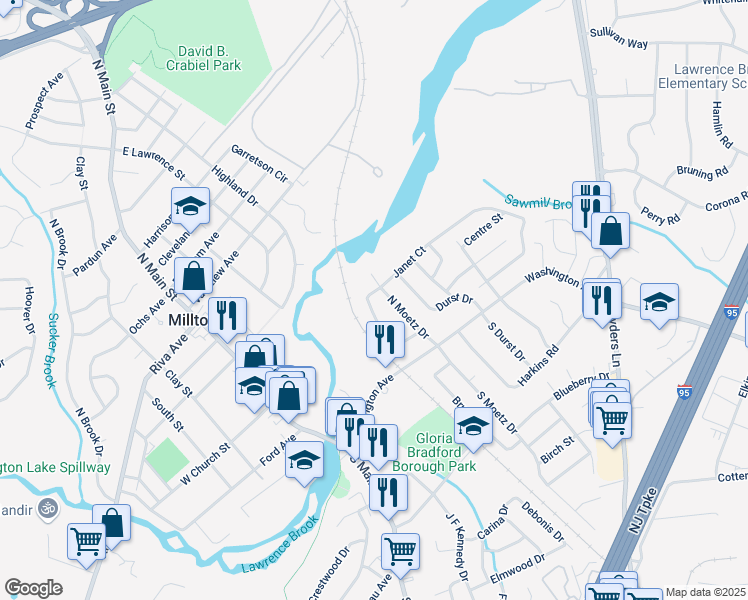 map of restaurants, bars, coffee shops, grocery stores, and more near 15 Janet Court in Milltown