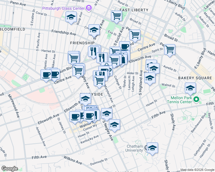 map of restaurants, bars, coffee shops, grocery stores, and more near 642 Maryland Avenue in Pittsburgh