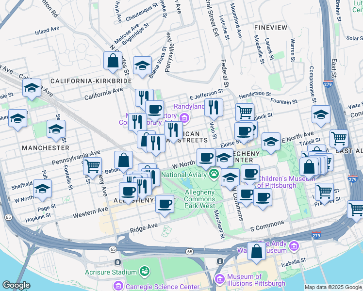 map of restaurants, bars, coffee shops, grocery stores, and more near 1224 Day Way in Pittsburgh