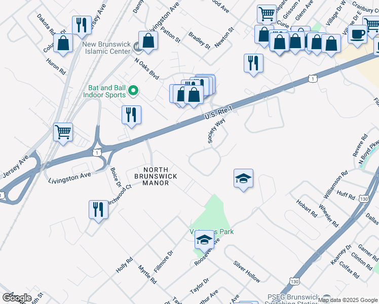 map of restaurants, bars, coffee shops, grocery stores, and more near 132 Pennsylvania Way in North Brunswick Township