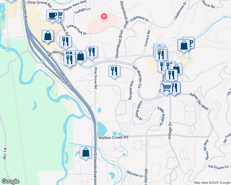 map of restaurants, bars, coffee shops, grocery stores, and more near 2525 Cattle Kate Circle in Steamboat Springs