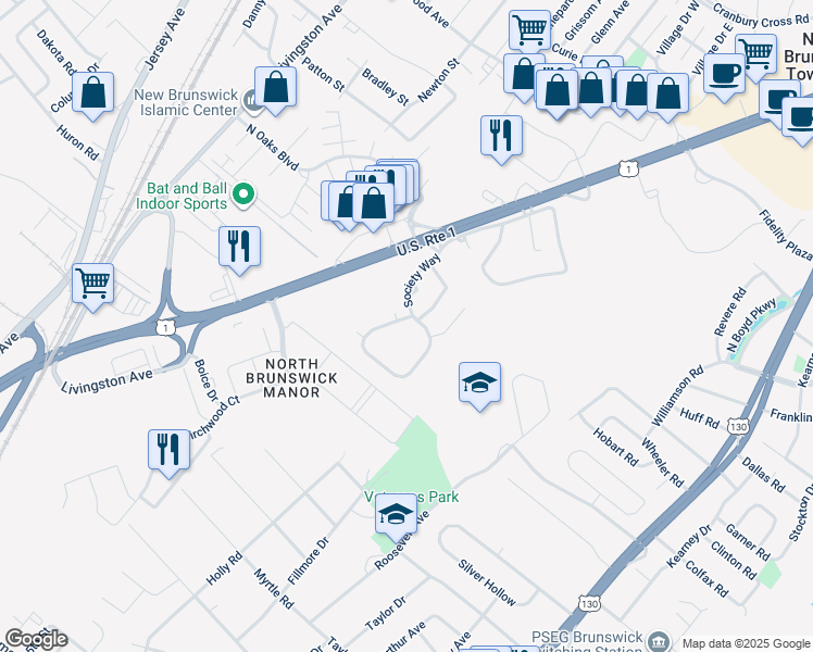 map of restaurants, bars, coffee shops, grocery stores, and more near 206 Pennsylvania Way in North Brunswick Township