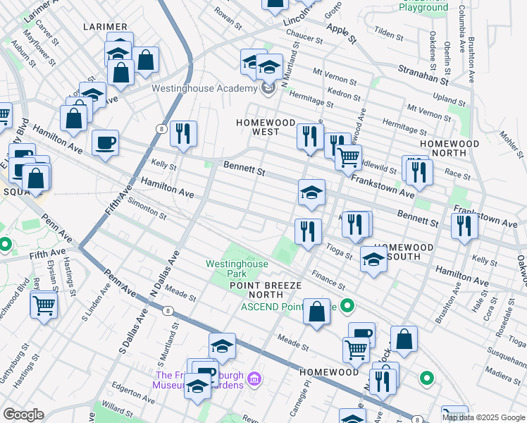 map of restaurants, bars, coffee shops, grocery stores, and more near 7054 Hamilton Avenue in Pittsburgh