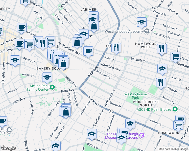 map of restaurants, bars, coffee shops, grocery stores, and more near 6730 McPherson Boulevard in Pittsburgh