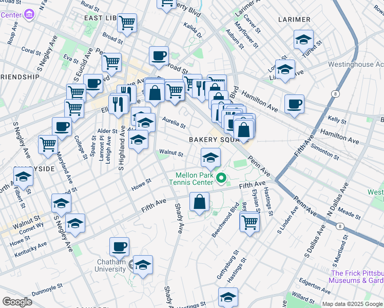 map of restaurants, bars, coffee shops, grocery stores, and more near 342 Denniston Street in Pittsburgh