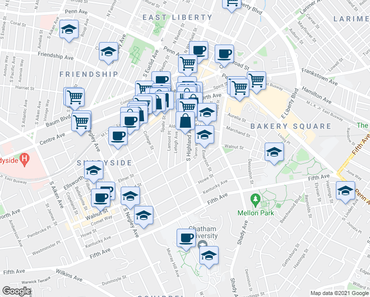 map of restaurants, bars, coffee shops, grocery stores, and more near 375 Lehigh Avenue in Pittsburgh