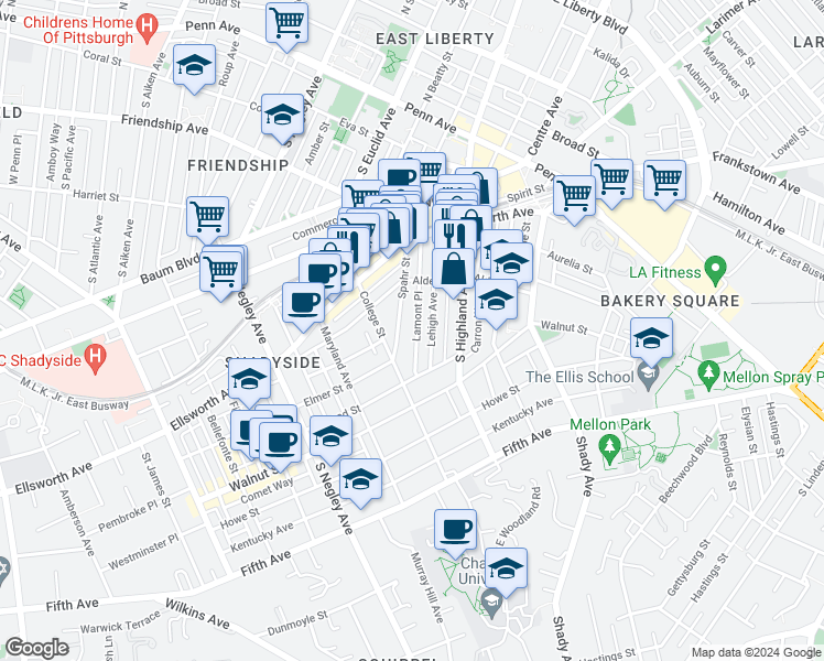 map of restaurants, bars, coffee shops, grocery stores, and more near 375 Spahr Street in Pittsburgh