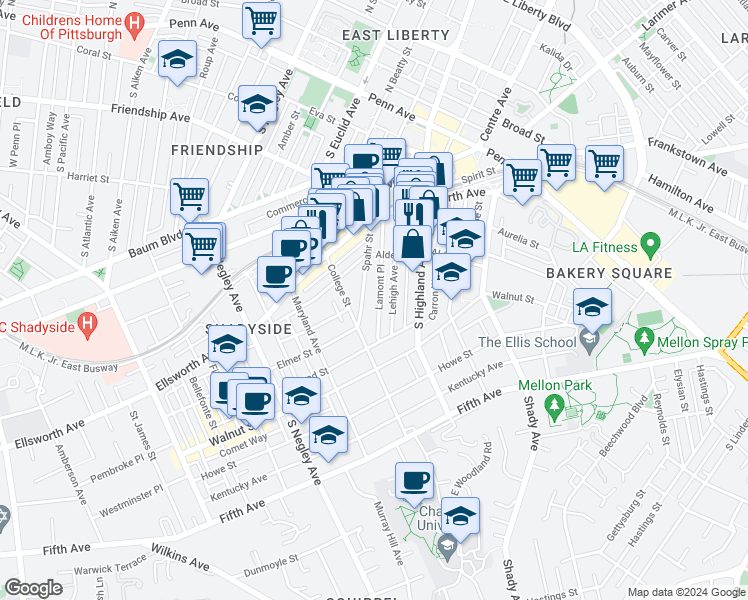 map of restaurants, bars, coffee shops, grocery stores, and more near 375 Spahr Street in Pittsburgh