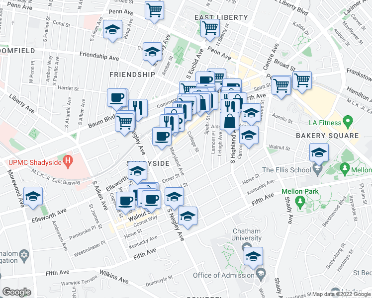 map of restaurants, bars, coffee shops, grocery stores, and more near 5824 Holden Street in Pittsburgh