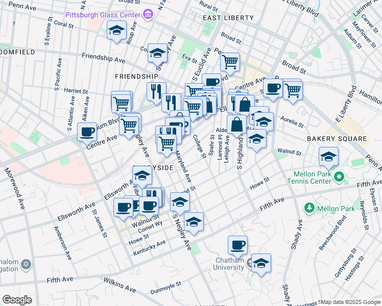 map of restaurants, bars, coffee shops, grocery stores, and more near 5824 Holden Street in Pittsburgh