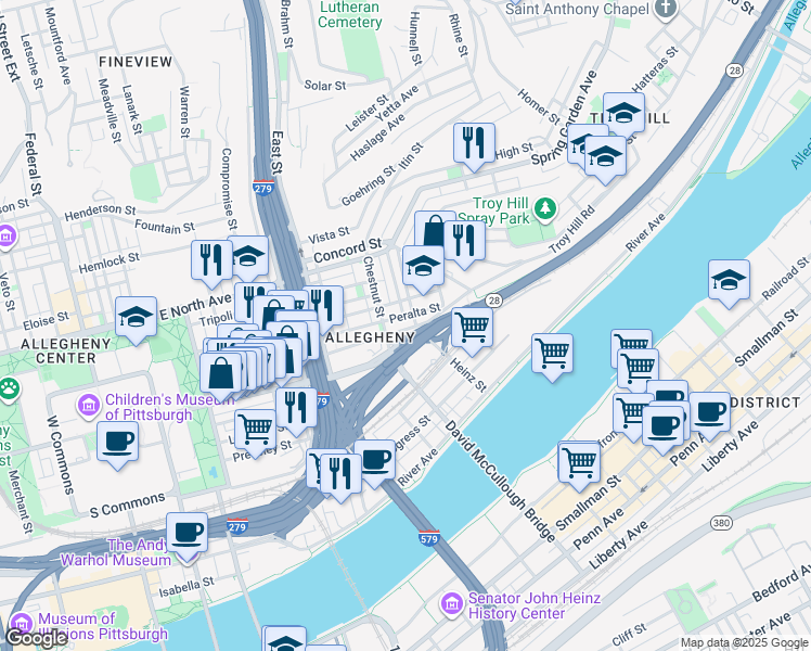 map of restaurants, bars, coffee shops, grocery stores, and more near 1 Heinz Street in Pittsburgh