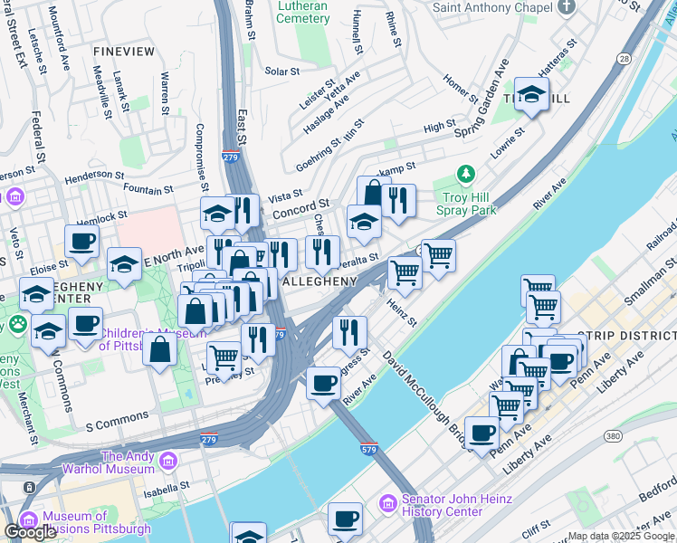 map of restaurants, bars, coffee shops, grocery stores, and more near 853 Phineas Street in Pittsburgh