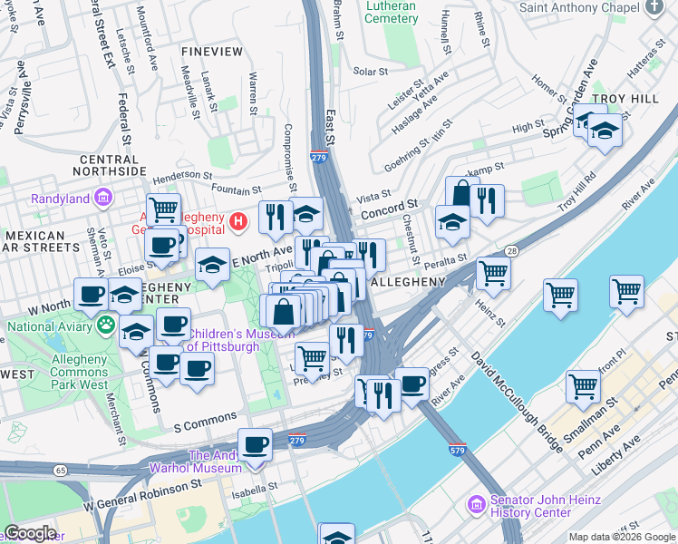 map of restaurants, bars, coffee shops, grocery stores, and more near 805 East Street in Pittsburgh