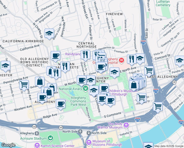 map of restaurants, bars, coffee shops, grocery stores, and more near in Pittsburgh