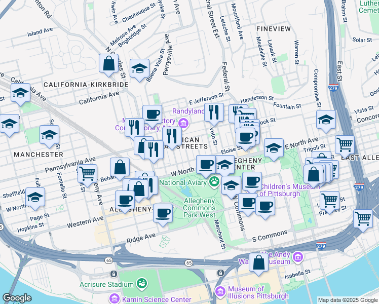 map of restaurants, bars, coffee shops, grocery stores, and more near in Pittsburgh