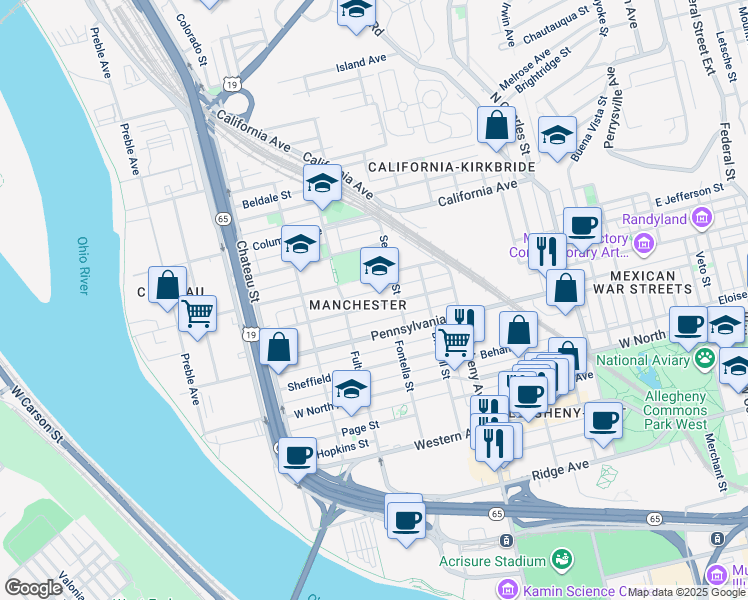 map of restaurants, bars, coffee shops, grocery stores, and more near in Pittsburgh