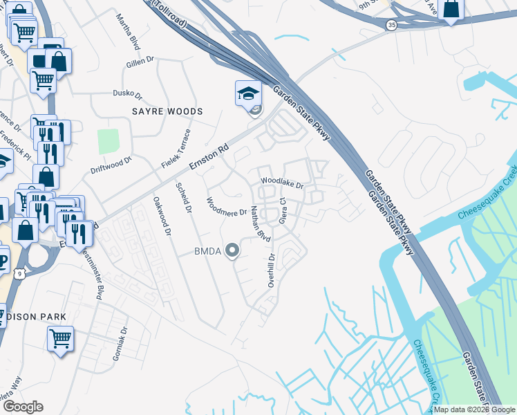 map of restaurants, bars, coffee shops, grocery stores, and more near 1 Boehm Drive in Sayreville