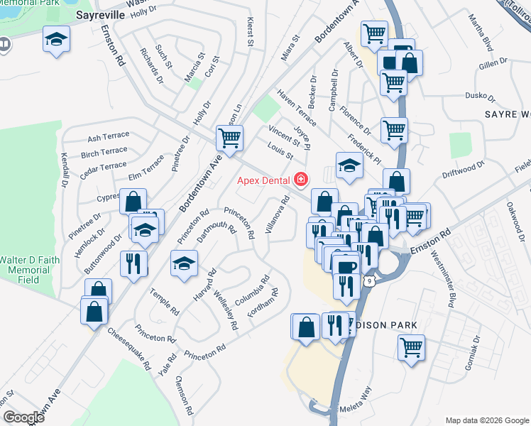 map of restaurants, bars, coffee shops, grocery stores, and more near 21 Villanova Road in Old Bridge