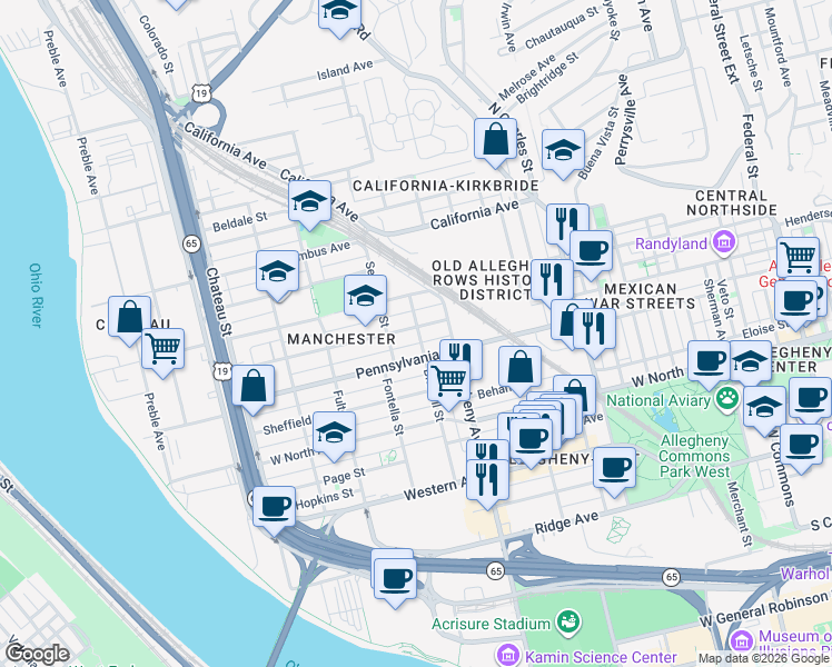 map of restaurants, bars, coffee shops, grocery stores, and more near 1114 Pennsylvania Avenue in Pittsburgh