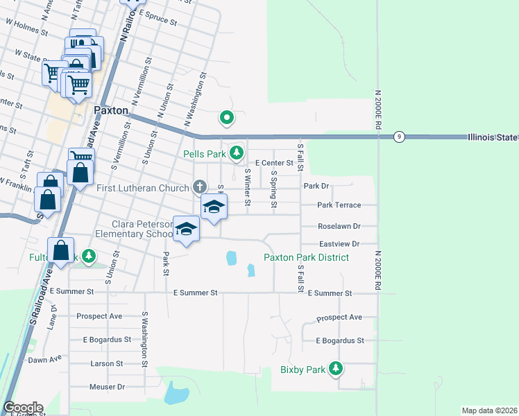 map of restaurants, bars, coffee shops, grocery stores, and more near 840 East Patton Street in Paxton